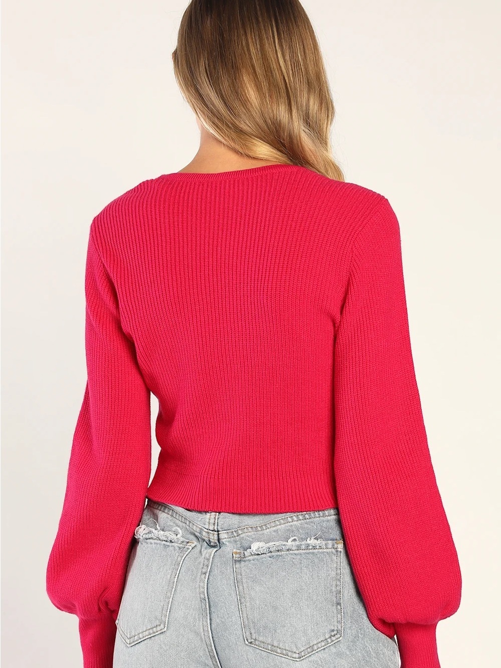 DO+BE Ribbed Crewneck sweater bubble sleeve Top in Hot Pink